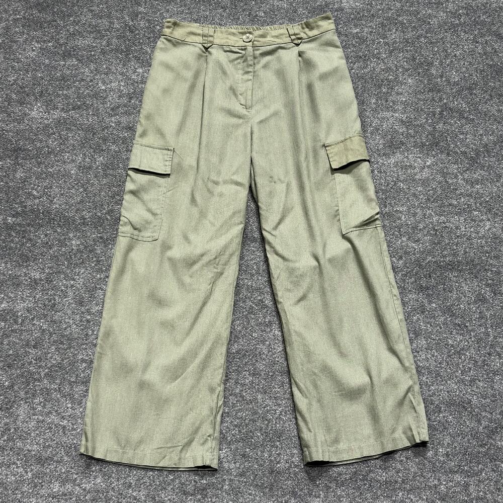 Ellen Tracy Pants Womens Large Green Linen Blend Wide Leg Cargo Casual